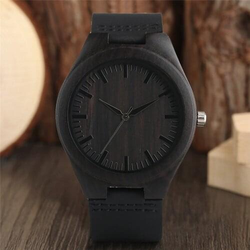 Handmade Full Black Bamboo Watch Mens Ebony Wood Watches Analog Quartz Wristwatch with Leather Bracelet Gift Reloj de madera