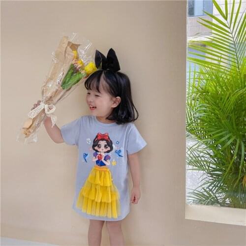 Kids Dresses for Girls Baby Girls Frozen Elsa Princess Dress Snow White Mermaid Summer Dress Pink T-shirt Dress Cartoon 2-8y