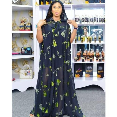 Latest Hooded Dresses Elegant African Plus Size Maxi Long Dress Green Print Africaine Femme Gown Pullover Loose Islam Clothing