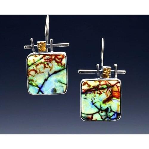 Ethnic Gypsy Branch Pattern Resin Earring For Women Mystic Fantasy Two Tone Square Colorful Drop Earrings Vintage Jewelry O4D293