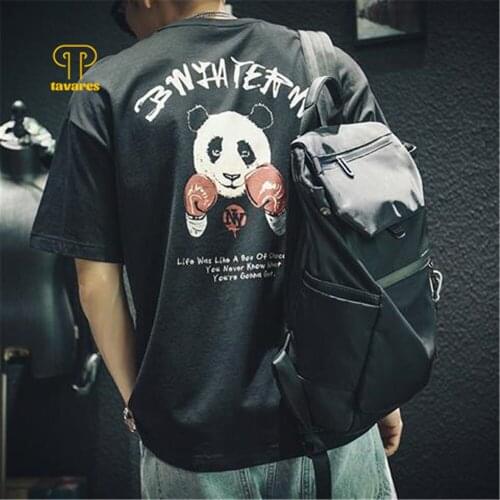 TAVARES Men Short Sleeve Boxing Panda Summer Round neck Casual Cotton T-shirt Breathable Loose Clothes white