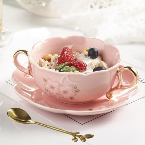 Nordic Ceramic Retro Embossed Cherry Blossom Coffee Cup With Spoon Dessert Dish Milk Tea Cup Soup Bowl Binaural Steamed Egg Bowl