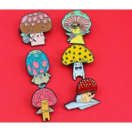 Creative Mushroom Playing Guitar by Airplane Cute Enamel Brooch Pin Cartoon Plant Backpack with Mushroom Head Badge Jewelry