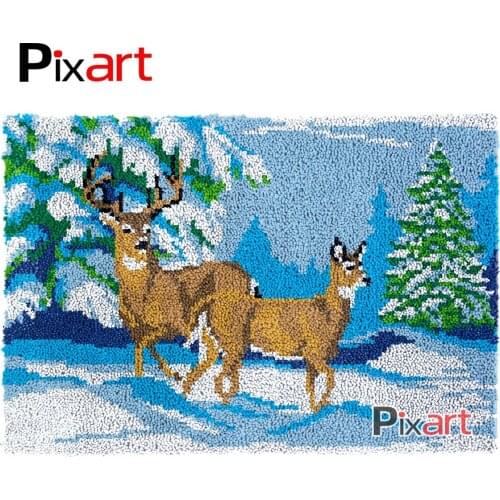 Latch Hook Rug Two Deer Forest Crocheting Tapestry Kits DIY Carpet Rug Chunky Yarn Needlework Knitted Floor Mat Hobby & Crafts