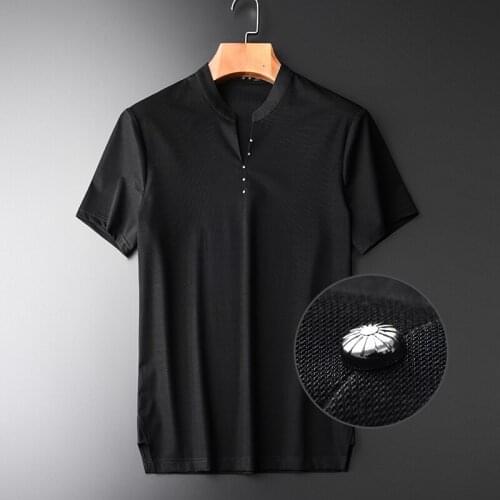 Mercerizing Fabric Chinese Style Stand Collar T-shirts new summer slim ventilate short sleeve Mens tees M-4XL