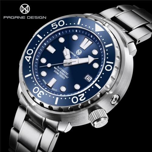 PAGRNI DESIGN Men Automatic Watch 300M Waterproof Sapphire Luxury Mechanical Wristwatch Stainless Steel Men Mekaniska klockor