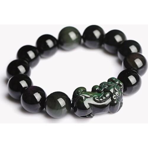 Mens PIXIU Bracelets Rainbow Eye Obsidian Brave Troops Round Buddha Beads Bracelets Gift for Womens Fine Jade Jewelry