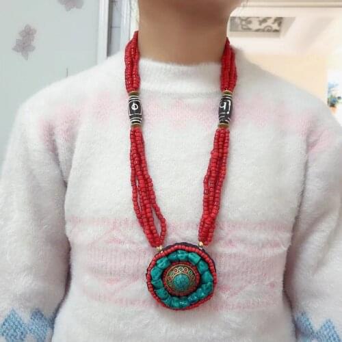 NK238 Ethnic Tibetan Turquoises Dzi Bead 65mm Big Round Pendant Necklace Tribal Long Necklace