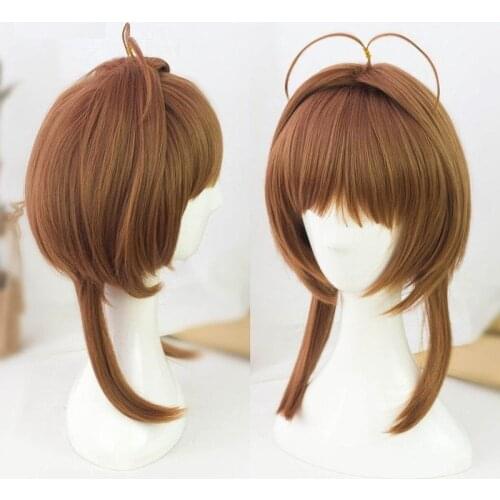 Cardcaptor Sakura Kinomoto Sakura Cosplay Wigs Brown Straight Clear Card Wigs Synthetic Hair Perucas Cosplay Wig+hairnet