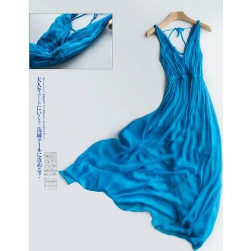 Tcyeek Summer 100% Real Silk Dress Women Maxi Vestidos Korean Long Sexy V Neck Dresses Woman Vintage Beach Party Night Dresses
