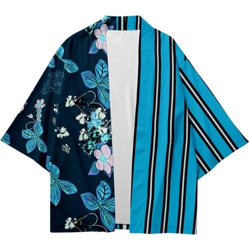 Blue striped Beach Harajuku Japanese Sets Fashion Kimono Men Women Cardigan Haori Obi Asian Clothes Pant Suit Plus Size XS-6XL