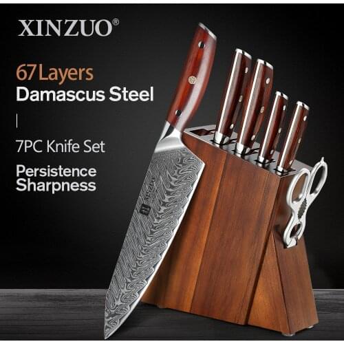 XINZUO Acacia Wood Knife Block Stand Knives Set High Carbon Damascus Steel Knife Holder Accessories Tool with Rosewood Handle