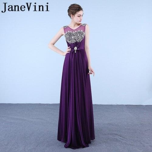 JaneVini Luxurious Purple Sequined Crystal Long Mother Of The Bride Dresses A Line Sheer Neck Floor Length Formal Evening Gowns