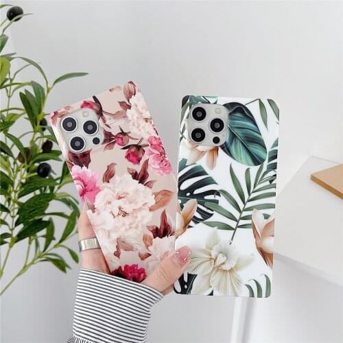 Stylish ShockProof Banana Leaf Square Phone Case For iPhone 11 12 Pro XS MAX XR X 7 8 Plus SE20 Soft IMD Floral Back Cover Gift