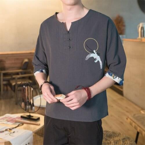 5XL Chinese Style Hanfu Vintage Crane Embroidery Clothes Modern Tang Suit Men Linen Casual Shirt Fashions 2021 New Plus Size