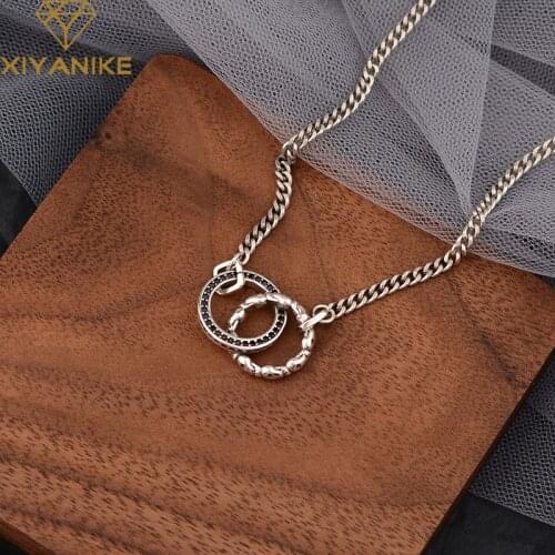 XIYANIKE 925 Sterling Silver Black Zircon Skull Double Ring Necklace Female Light Luxury Fashion Punk Sweater Chain Accessories