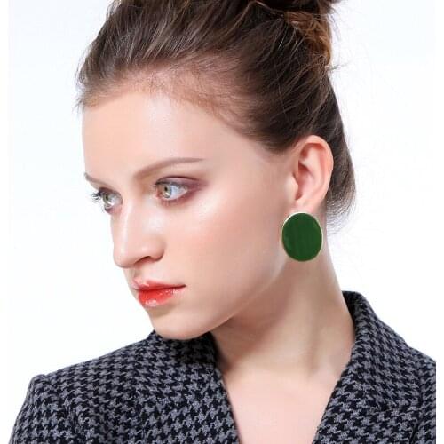 ZWPON 2019 Trendy Green Enamel Curve Round Stud Earrings for Women Copper Geometric Circle Disc Earrings Jewelry Wholesale