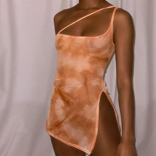 Sexy Mesh See Through Mini Dress Tie Dye Cut-Out One Shoulder Split Hem Sleeveless Backless Bodycon Women Summer Holiday Dresses