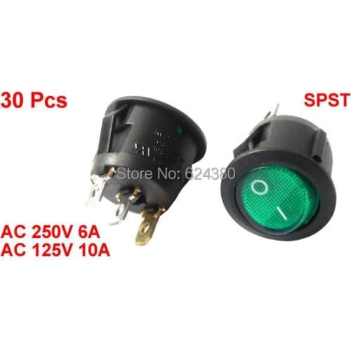 1 Bag (30 Pcs / Lots ) x AC 250V/6A 125V/10A 3 Pin SPST ON/OFF Signal Light Illuminated Snap In Round Boat Rocker Switch Green