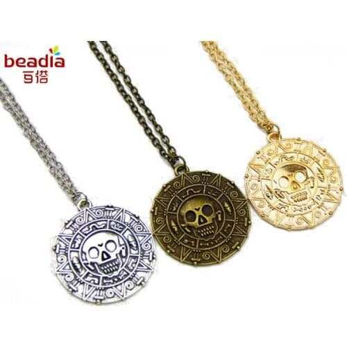 2017 New Arrival Pirates Of The Caribbean Vintage Necklace Aztec Coin Medallion Gold Bronze Pendant Johnny Depp Wholesale