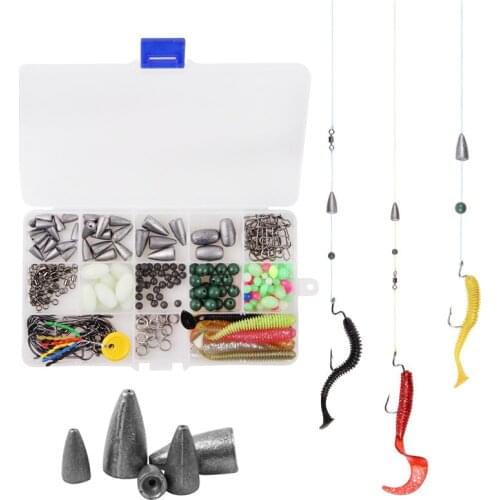 246pcs/box Texas fishing sinkers with jig hooks soft earthworm artificial bait float stoppers for trout bass fishing
