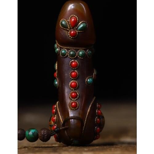 4"Tibet temple Old Natural agate Filigree mosaic Gem Dzi Bead Giant sun god Male genitalia Pendant Amulet Town House Exorcism