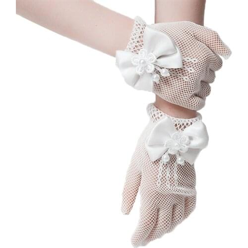 White Wedding Gloves - Flower Girls Lace Bowknot Net Voile Wedding Gloves Mesh Style Princess Glove 3SZ60072