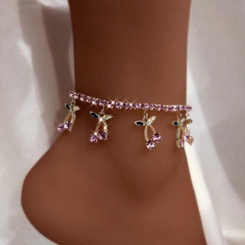 2021 Summer New Cherry Fruit Crystal Anklets Bracelet For Women Shiny Rhinestone Foot Chain Beach Sandals Female Foot Jewelry