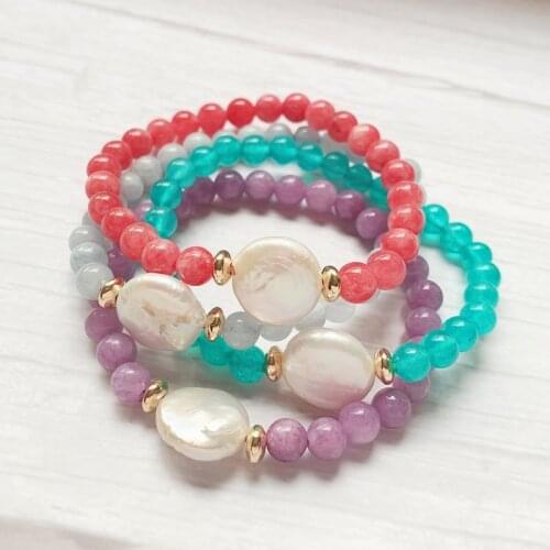 Natural Freshwater Pearl Strand Bracelets Coin Baroque Pearl Charms Purple Blue Amazonite Stone Beaded Bracelets Female Girls