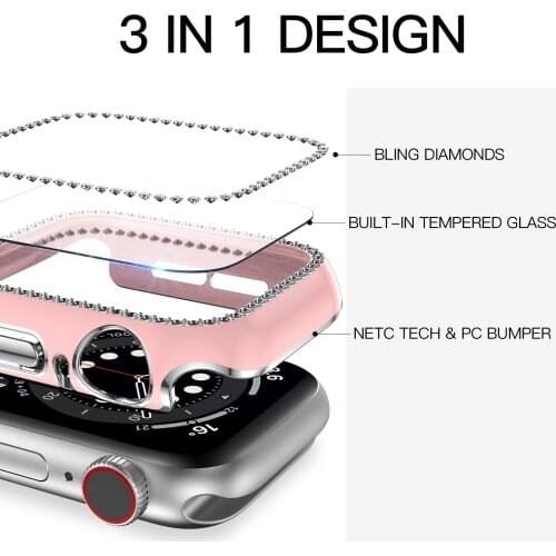 Watch Case Tempered film+Diamond for Apple watch 44mm 42mm 40mm 38mm Edge glass protective shell for iwatch 6 5 4 3 2 1 SE case
