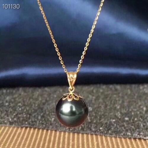 D114 Fine Jewelry 18K Gold Natural Ocean Tahiti Black Pearl 11-10mm Pendant Necklaces for Women FIne Pearls Pendants