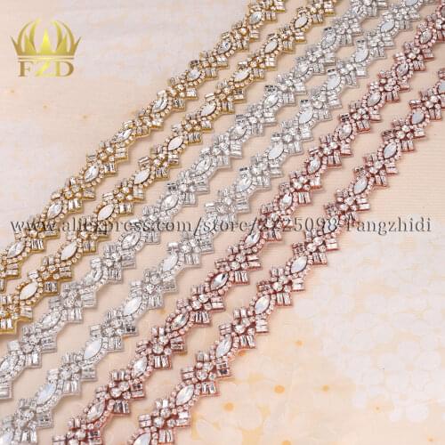 FZD 1 Yard Handmade Iron On Clear Beaded Crystal Rhinestone Oral Applique Patch for Wedding Dresses DIY Bridal Sash Garters