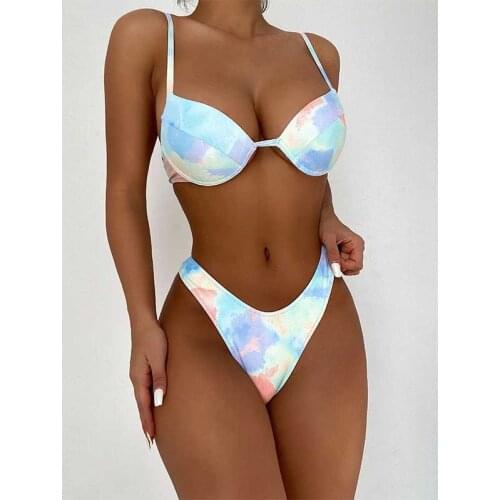 Tie Dye 2021 Bikini Set V High Cut Swimsuit Underwired Push Up Swimwear Woman 3 Piece Bathing Suit Ladies Beachwear with CoverUp