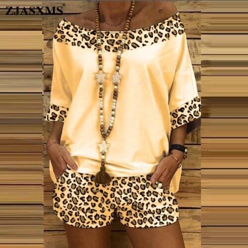 Sexy Off Shoulder Leopard Print Sets Women Summer Short Sleeve Shirt Pullover and Pocket Shorts Suits Retro Loose Spring Outfits
