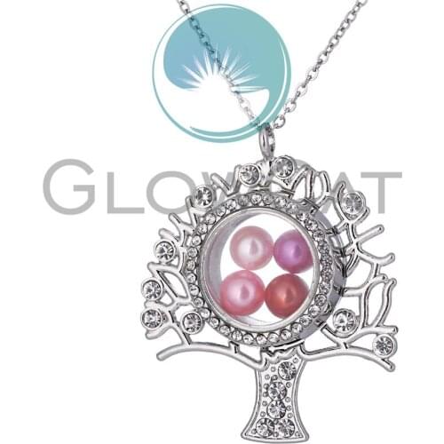 Tree of Life Round Rhinestone Necklace Glass Living Memory Photo Locket Pearl Cage Pendant 50cm Steel Chain Necklace
