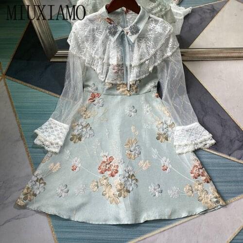 MIUXIMAO 2021Spring Summer Party Dress Lace Embroidery Long sleeve Jacquard Diamonds Office Lady Casual Cake Dress Women Vestido