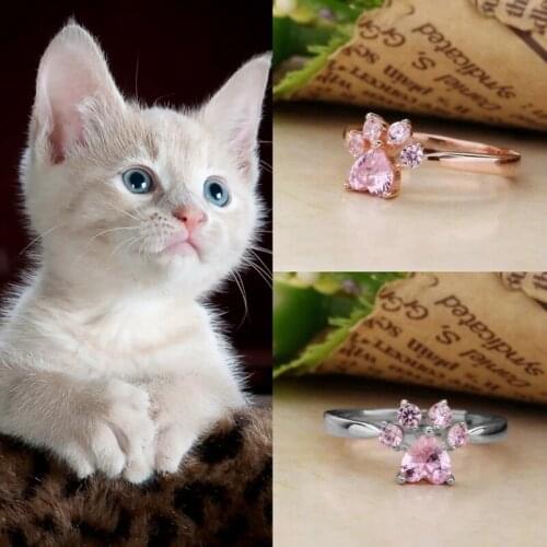 Adjustable Cats Paw Ring Open Finger Ring Pink Crystal Zircon Jewelry Gift for Women Girl XIN-Shipping