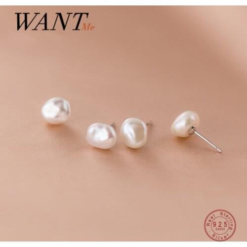 WANTME Genuine 925 Sterling Silver Natural Baroque Geometric Irregular Pearl Stud Earrings for Women Girl Office Jewelry Gift