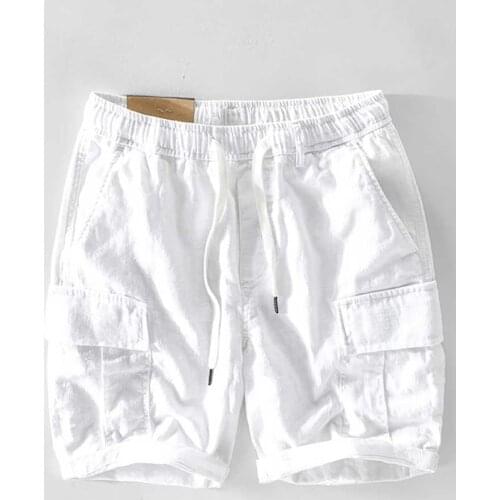 Spring Summer Cargo Shorts Men Casual Pockets Boardshorts Streetwear Cotton Linen Fabric Solie Color Trendy Loose Baggy Clothing