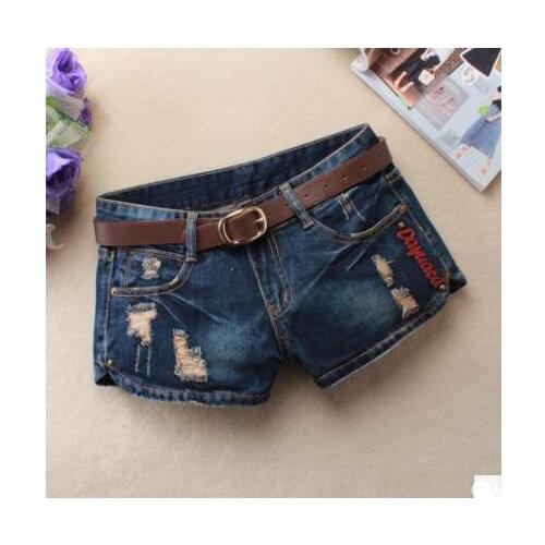 Summer Women Large Size Causal Denim Shorts Ripped Leisure Jeans Short Dark Blue Hole Printing Short Feminino Without Belt J2424