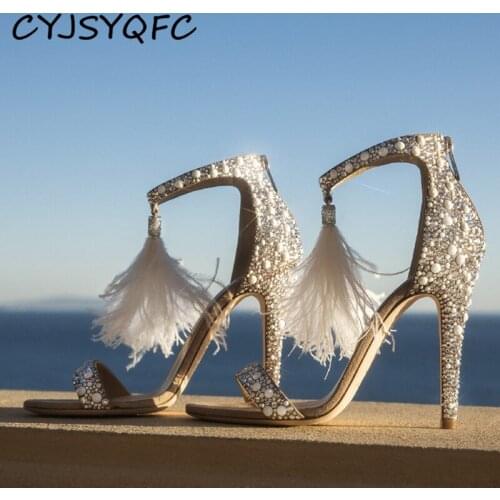 CYJSYQFC Women Sandals Fashion Luxurious Rhinestone White Feather Pearl Super High Heel Lady Shoes Peep Toe Bride Wedding Pumps