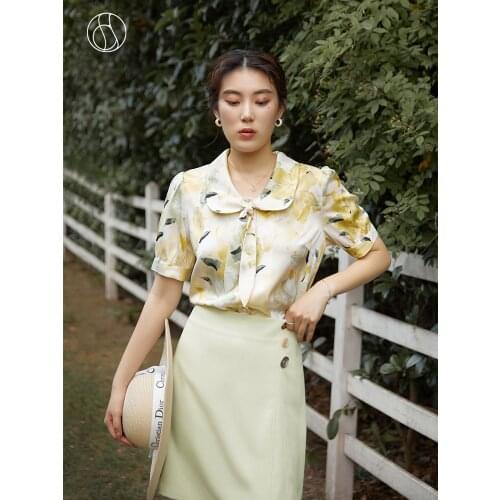 DUSHU Loose Office Lady Womens Temperament Lapel Tie Chiffon Shirt 2021 Summer New French Retro Short-sleeved Yellow Top