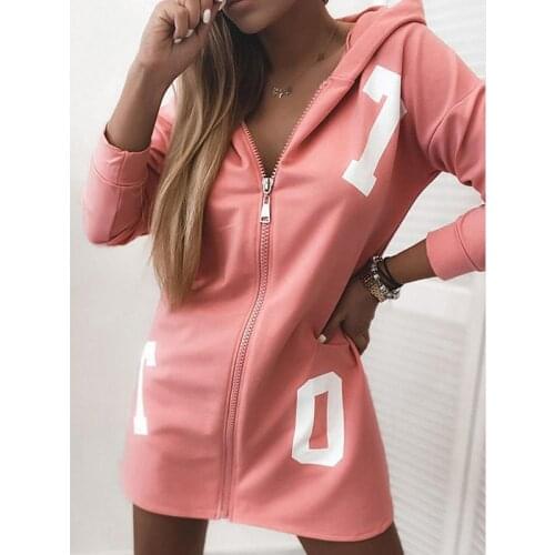 Women Hoodies Autumn Casual Letter Printed Zipper Loose Long Tops Street High Quality Hooded Female Sweatshirt Fashion