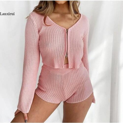 Women Autumn Pink Knitted Two Piece Set Flare Long Sleeve Double Zipper Crop Top Sweater And Shorts Outfits Home Lounge Wear