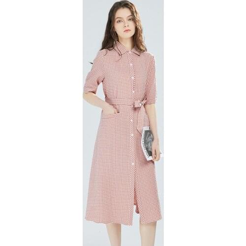 Summer Dress Female Plaid Casual Womens Dresses Short Sleeve Long Dress Women Pockets Button Sashes Summer Dress Woman 2021