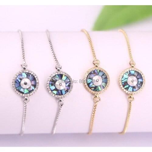 10Pcs Micro Pave CZ Round Abalone Shell Eye Connector Bead Gold / Silver Color Charms Bracelet Adjustable