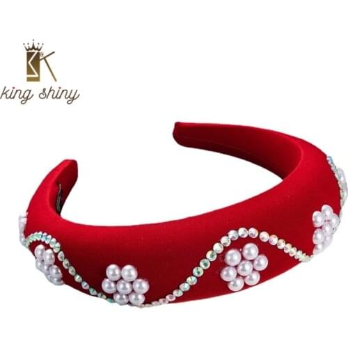 King Shiny Vintage Imitation Pearl Flower Headband for Woman Elegant Crystal Beaded Thick Sponge Hairband Girl Party Tiara Bezel