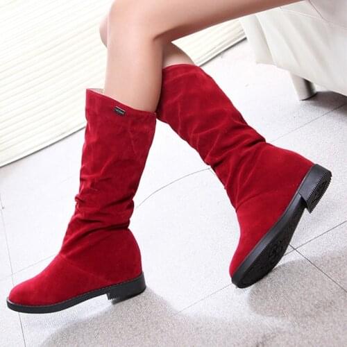Autumn Spring Women Boots Matte Flock Boots For Female Ladies Height Increased Low Heel Shoes Lady Mid Calf High Boots Plus 40