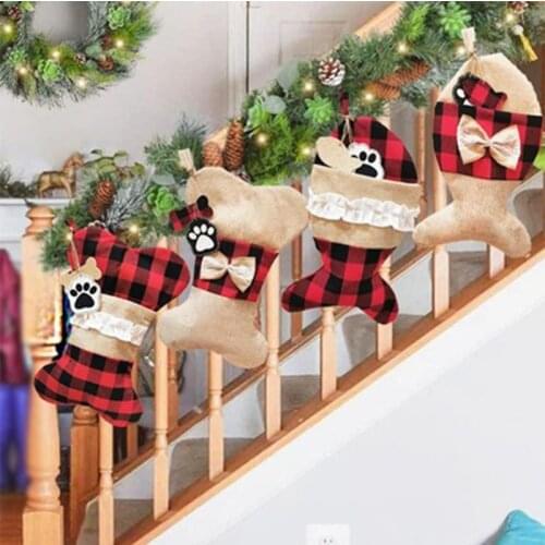 10pcs/lot Wholesale Fishbone Stocking Christmas Sock Gift Bag Plaid Cute Ornaments 4 Styles For Children New Year Gift