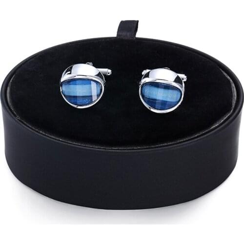 DY New fashion Blue Crystal Cufflinks black leather box set men French Cufflinks box set free shipping